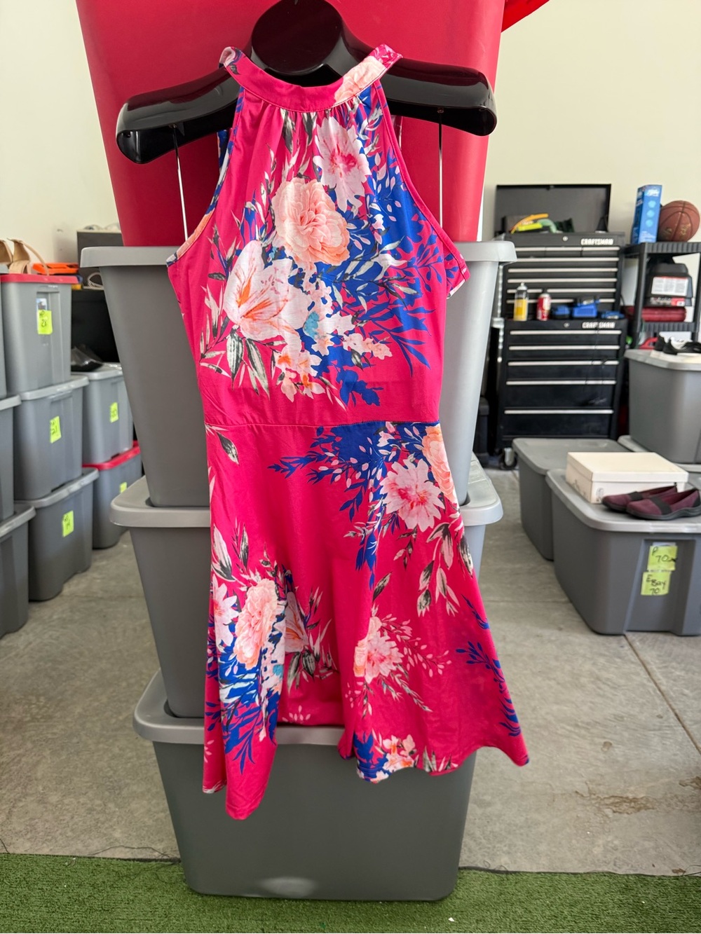 Bright Floral Halter Dress in Fuchsia and Blue p74